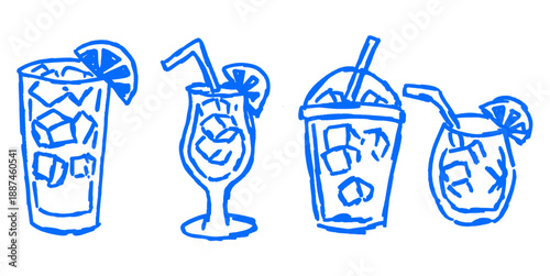 Set of iced drink menu drawing vector for summer lists. Ideal for cold juice, soda refreshment, cocktail glasses, and restaurant beverage art.