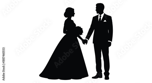 A striking black silhouette depicts a formally dressed couple a bride and groom holding hands in unity