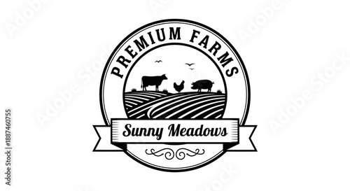 Premium Farms Sunny Meadows logo with farm animals and fields.