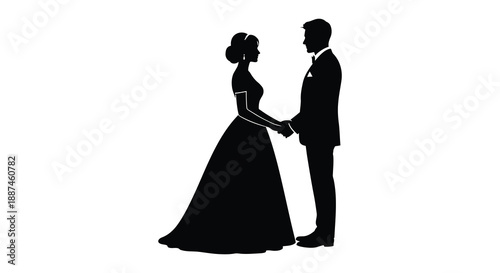 A silhouetted depiction of a bride and groom standing close together holding hands in a romantic pose