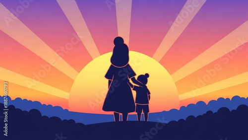 Mother and Child Silhouette Watching Sunset Together on Hilltop