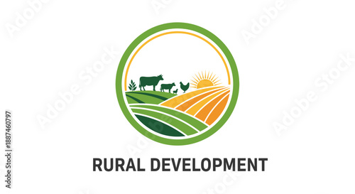 Rural Development Emblem with Farm Landscape and Livestock.