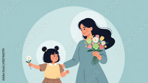 Mother and Daughter Hugging with Flowers in Cartoon Style