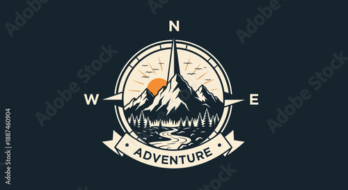 Vintage Adventure Compass Emblem with Mountains and Forest Landscape.
