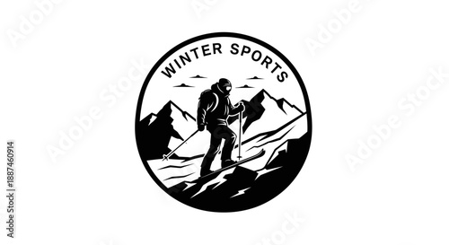 Skier standing on snowy mountain peak with ski poles.