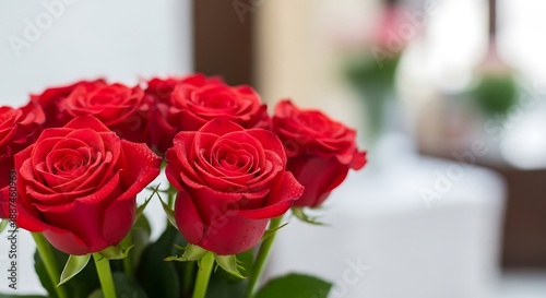 Bouquet of red roses with green leaves in a romantic setting.