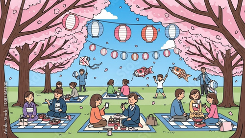 Family Hanami Picnic under Cherry Blossom Trees during Spring Festival