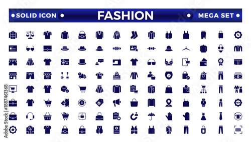 Clothing solid icon set. Dress, polo t-shirt, jeans, winter coat, jacket, pants, skirt, minimal vector illustrations. Simple, solid signs for fashion application. Fashion, sewing, clothing. 
