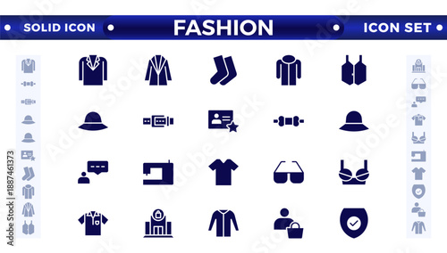Clothing solid icon set. Dress, polo t-shirt, jeans, winter coat, jacket, pants, skirt, minimal vector illustrations. Simple, solid signs for fashion application. Fashion, sewing, clothing. 