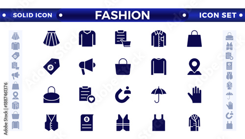 Clothing solid icon set. Dress, polo t-shirt, jeans, winter coat, jacket, pants, skirt, minimal vector illustrations. Simple, solid signs for fashion application. Fashion, sewing, clothing. 