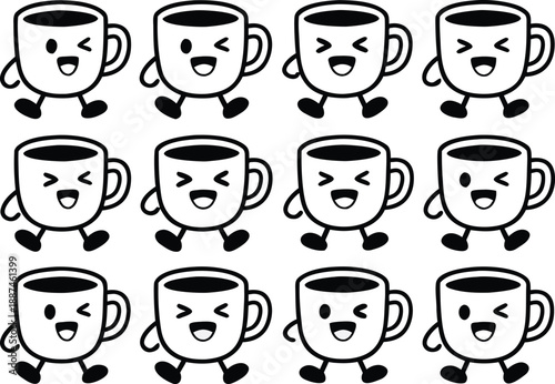 Happy coffee cups with funny faces and cheerful smiles, perfect for morning beverage enjoyment and breakfast cafe illustrations.