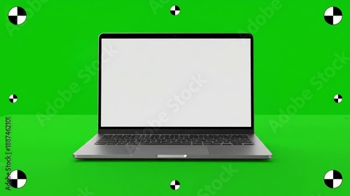 Green Screen Technology with the laptop smoothly rotates towards camera revealing its and switching it on video features a luma matte or cut out mask for shadow layer tracking marks distortion