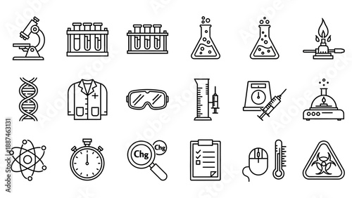 Science Laboratory Equipment Icons Line Style.