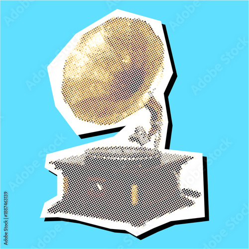 Phonographs Halftone Dotted Collage Element Pointillize in Paper Torn vector. Ideal for retro music ads, vintage audio art, and classic record players.