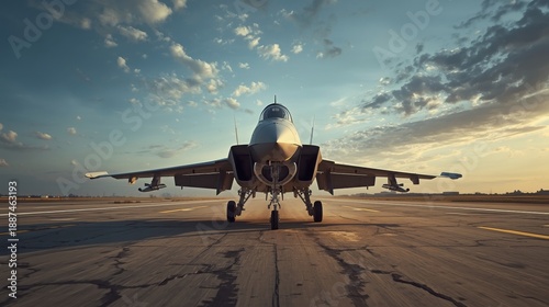 Powerful military jet fighter aircraft on runway at sunset, ready for takeoff with dramatic sky and clouds