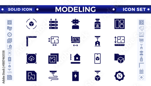 Modeling solid icon set. Architectural planning icon collection. Planning, scheme, dimension, project, measurement, floor plan, and more. 