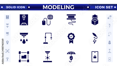 Modeling solid icon set. Architectural planning icon collection. Planning, scheme, dimension, project, measurement, floor plan, and more. 