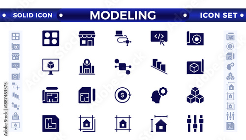 Modeling solid icon set. Architectural planning icon collection. Planning, scheme, dimension, project, measurement, floor plan, and more. 