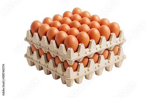 Stacked egg trays full of fresh brown chicken eggs packaging product isolated on the white background