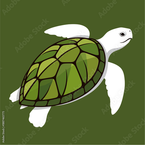 A stylized illustration of a white sea turtle with a green patterned shell swimming against a dark green background.