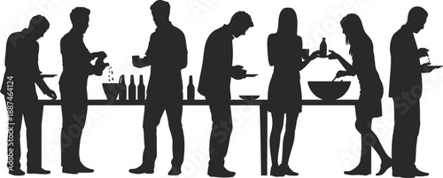 Silhouette of people serving food at buffet table during social event, representing celebration, catering, lifestyle, dining and community for marketing, editorial and design projects.