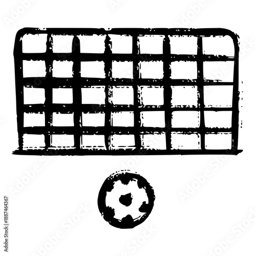soccer goal net with ball, Hand drawn doodle rough ink texture football scoring element for match result, game point, stadium equipment, sport success, and penalty kick concept