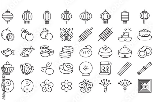 Asian Cultural Festival Line Icons with Food and Heritage Motifs