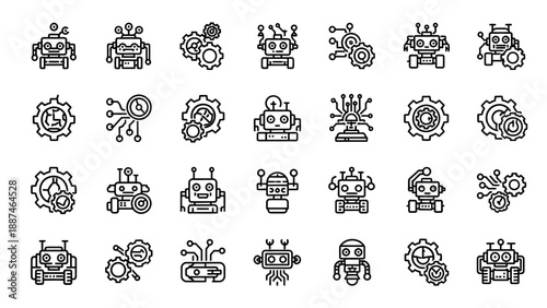 Robots and gears icons set.