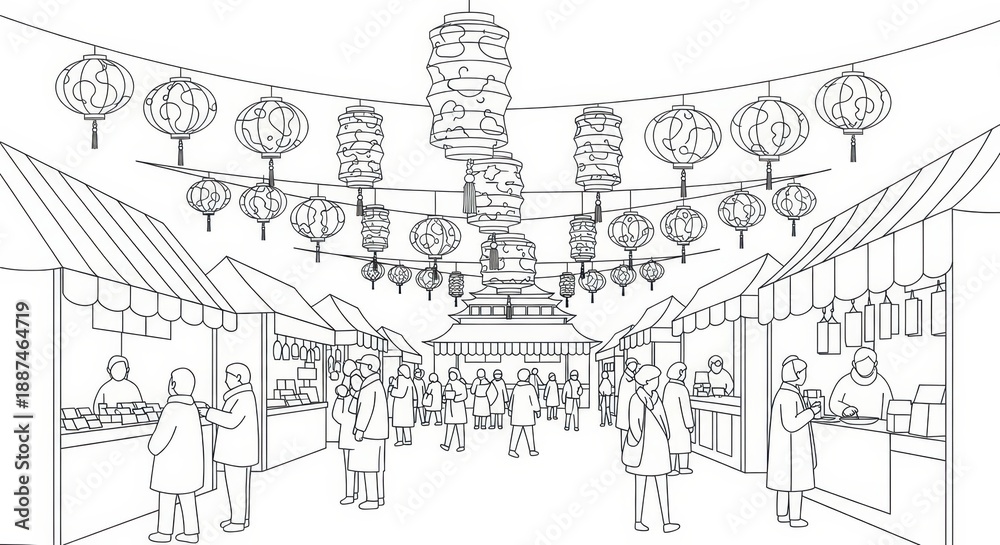 Fototapeta premium Asian Street Market Scene with Lanterns and Stalls
