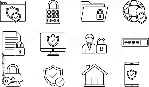 Cyber security and data protection icon set featuring password lock shield privacy network safety outline vector illustration