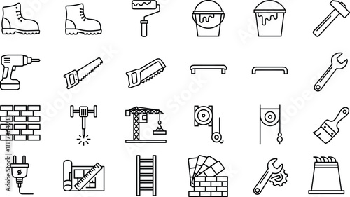 Construction tools icon set illustrating building equipment repair maintenance engineering renovation safety industrial work symbols outline vector design