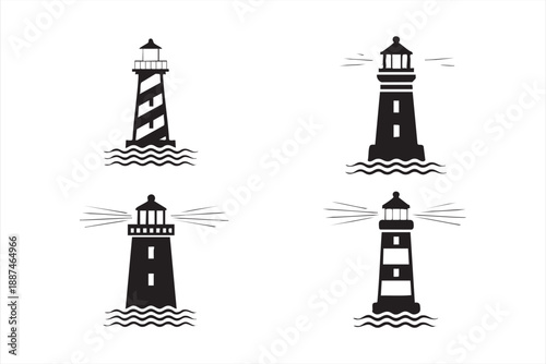 Maritime Lighthouse Icons for Nautical Navigation and Sea Safety
