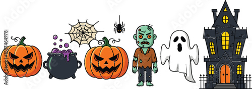 Halloween Character and Motif Illustration Set Featuring Jack O' Lanterns Haunted House Zombie and Ghost for Spooky Holiday Design