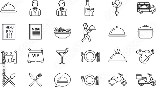 Restaurant and food service icon set featuring dining waiter menu delivery catering tableware symbols outline vector illustration