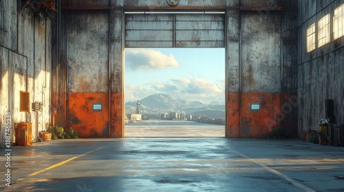 Create a raw concrete depiction of a warehouse