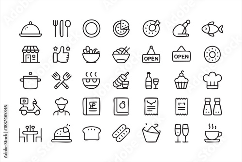 Restaurant and Food Service Line Icons for UI and App Design