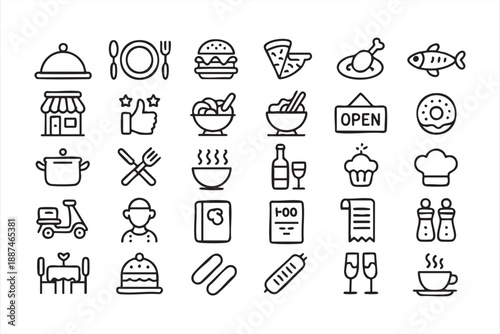 Restaurant Menu and Delivery Line Icons for Mobile Apps
