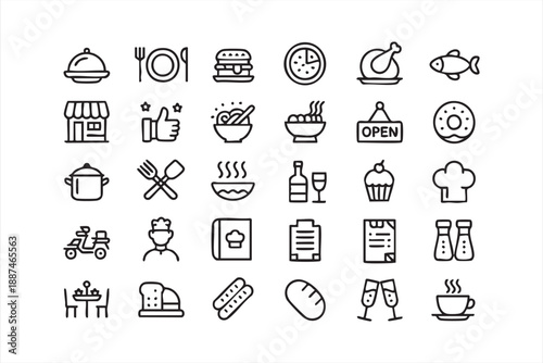 Hospitality and Dining Line Icons for Service Platforms