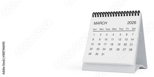 White Desk Monthly March 2026 Business Calendar. 3d Rendering