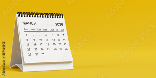 White Desk Monthly March 2026 Business Calendar. 3d Rendering