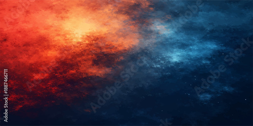 A beautiful abstract space background features a dark stormy cloudscape texture illuminated by bright sunlight and colorful orange sunset hues across the cosmic sky
