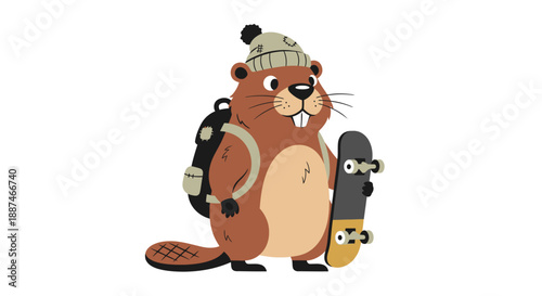 Cartoon Beaver Character with Skateboard and Backpack.