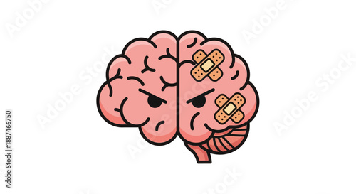 Cartoon Brain with Bandages and Angry Face.