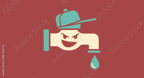 Cartoon Faucet Character Dripping Water.