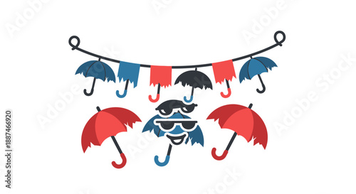 Colorful Umbrellas Hanging and Standing Together.