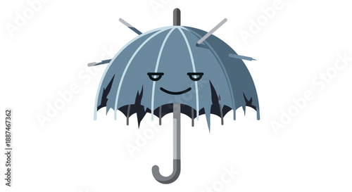 Tattered Cartoon Umbrella with Smiling Face.