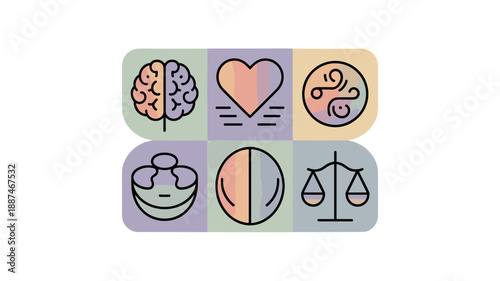 A set of six creative icons, including the brain, the heart, and balance.