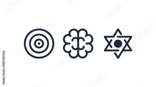 Icon set of three symbols: a target, a brain, and the Star of David.