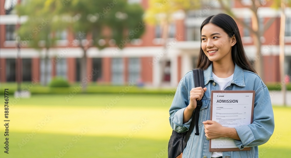 Naklejka premium Confident young Asian woman student smiling on a university campus, holding her college admission letter, symbolizing the higher education journey concept.