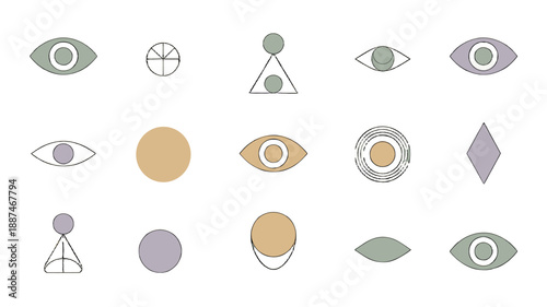 A collection of abstract eyes and shapes, creating a visually interesting composition.